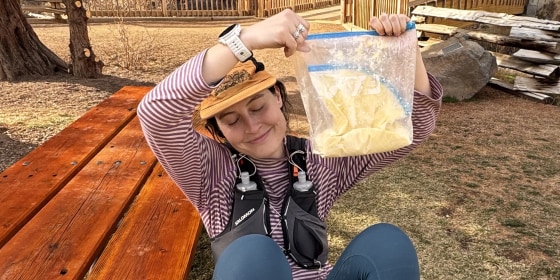 Libby Cope takes to the trail to churn her butter.